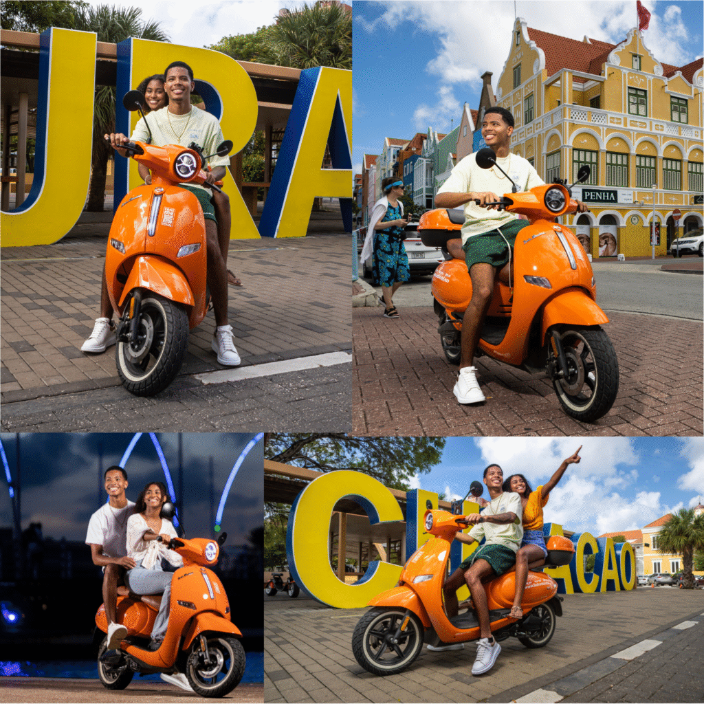 Flamingo Go scooter rental gallery featuring tourists riding orange scooters at iconic Curaçao locations including Punda, Pietermaai, and the Queen Emma Bridge.